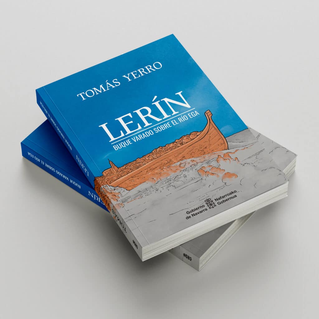 Ilustración de cubierta de libro: Lerín. Buque varado sobre el río Ega, de Tomás Yerro (Premio Principe de Viana de la cultura 2019). Entrevista en COPE Navarra